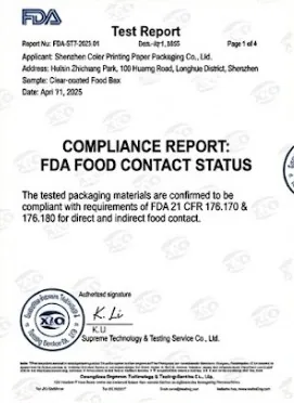 FDA food contact compliance test report — Clear-coated food box, FDA 21 CFR 176.170 & 176.180