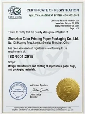 ISO 9001:2015 quality management system certificate — Shenzhen Color Printing Paper Packaging Co., Ltd.