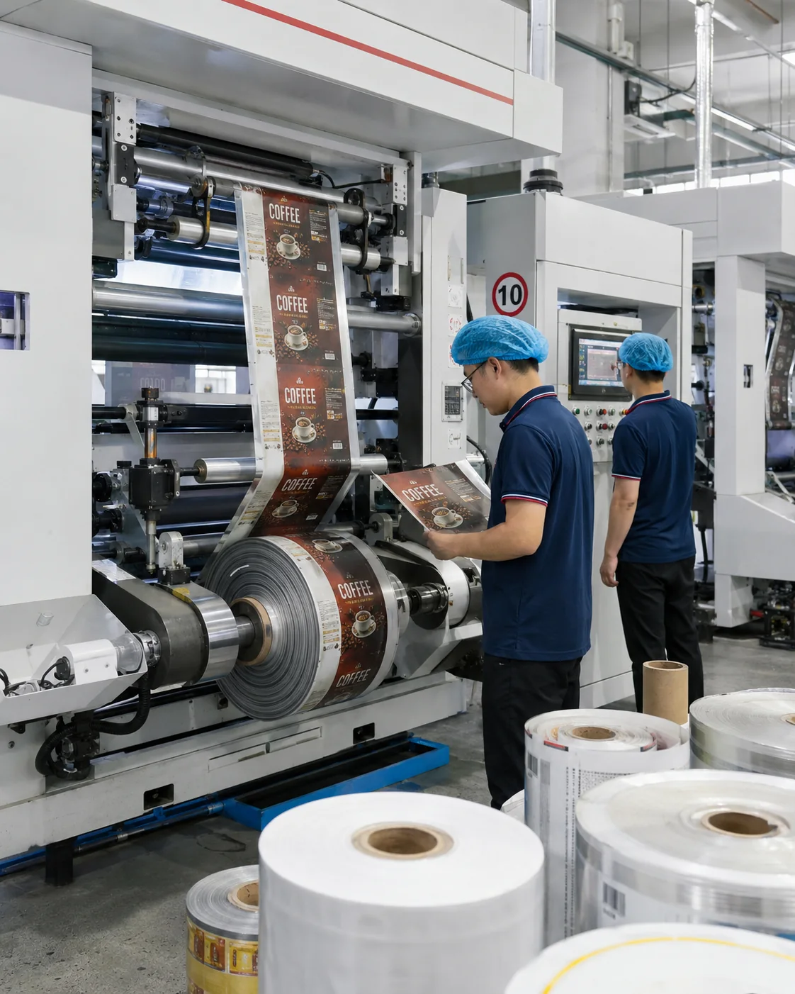 Flexible packaging printing and lamination line for coffee bags and roll film