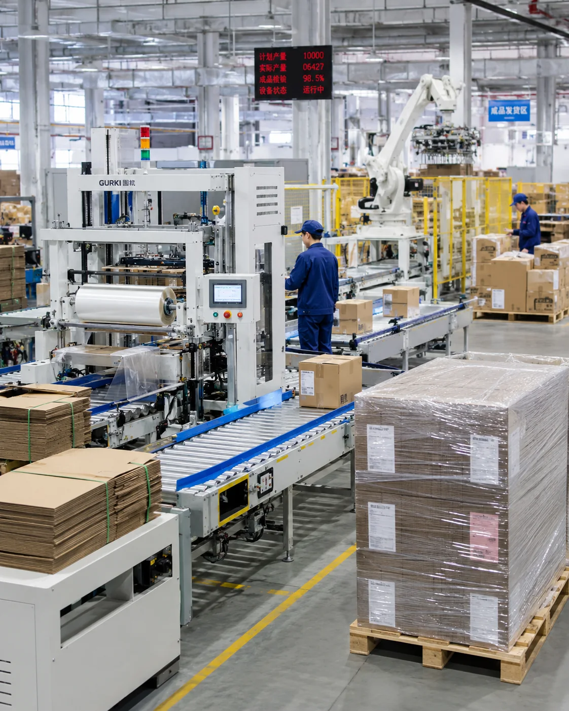 Finished packaging warehouse, palletizing and shipping preparation area