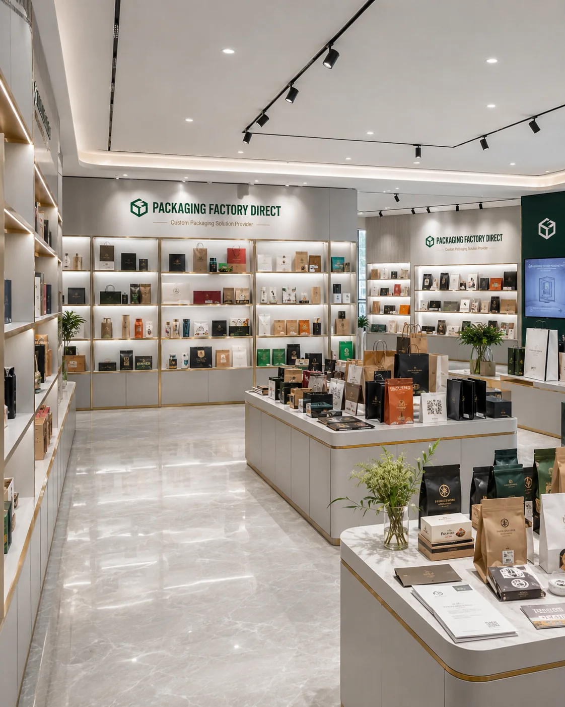 Packaging showroom product wall with boxes, bags, pouches and labels