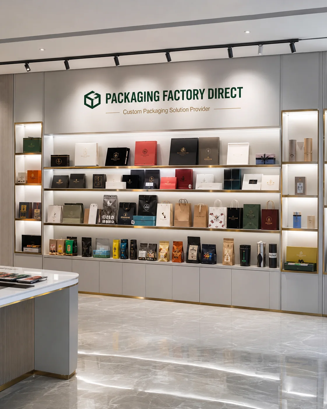 Modern custom packaging sample showroom and display island