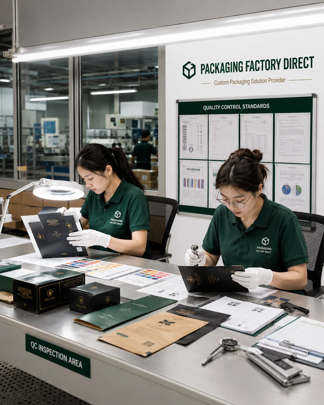 QC inspection area checking printing color, packaging structure and finish quality