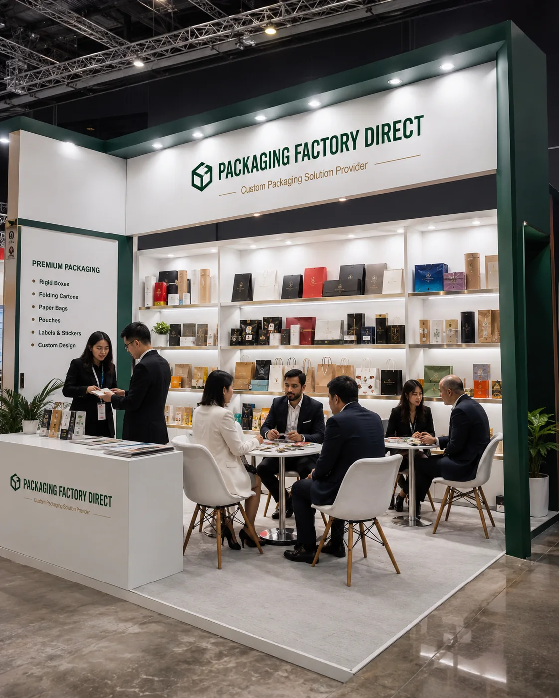 International trade show booth with packaging samples and buyer meetings