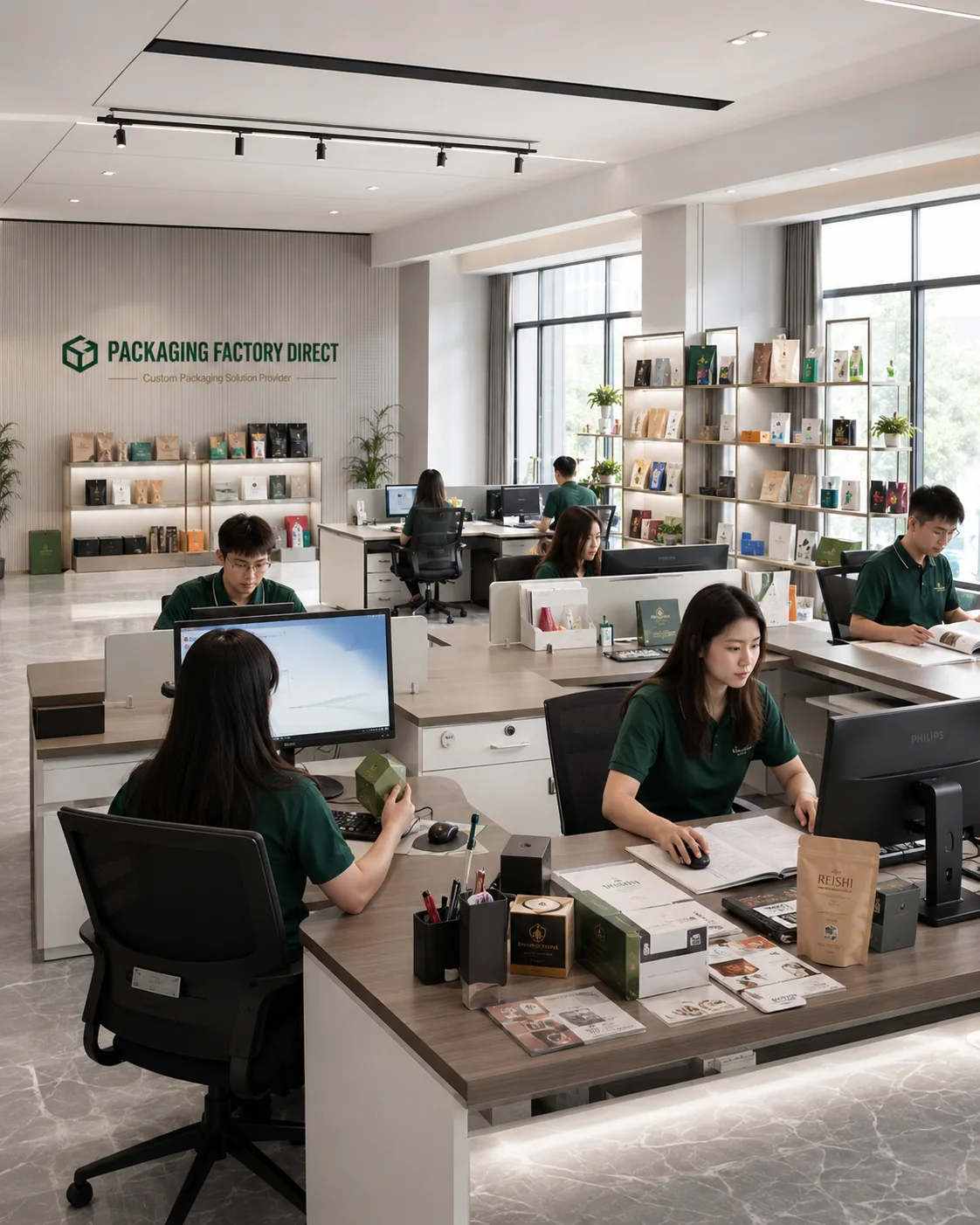 Sales, design and quotation office with packaging samples and buyer documents