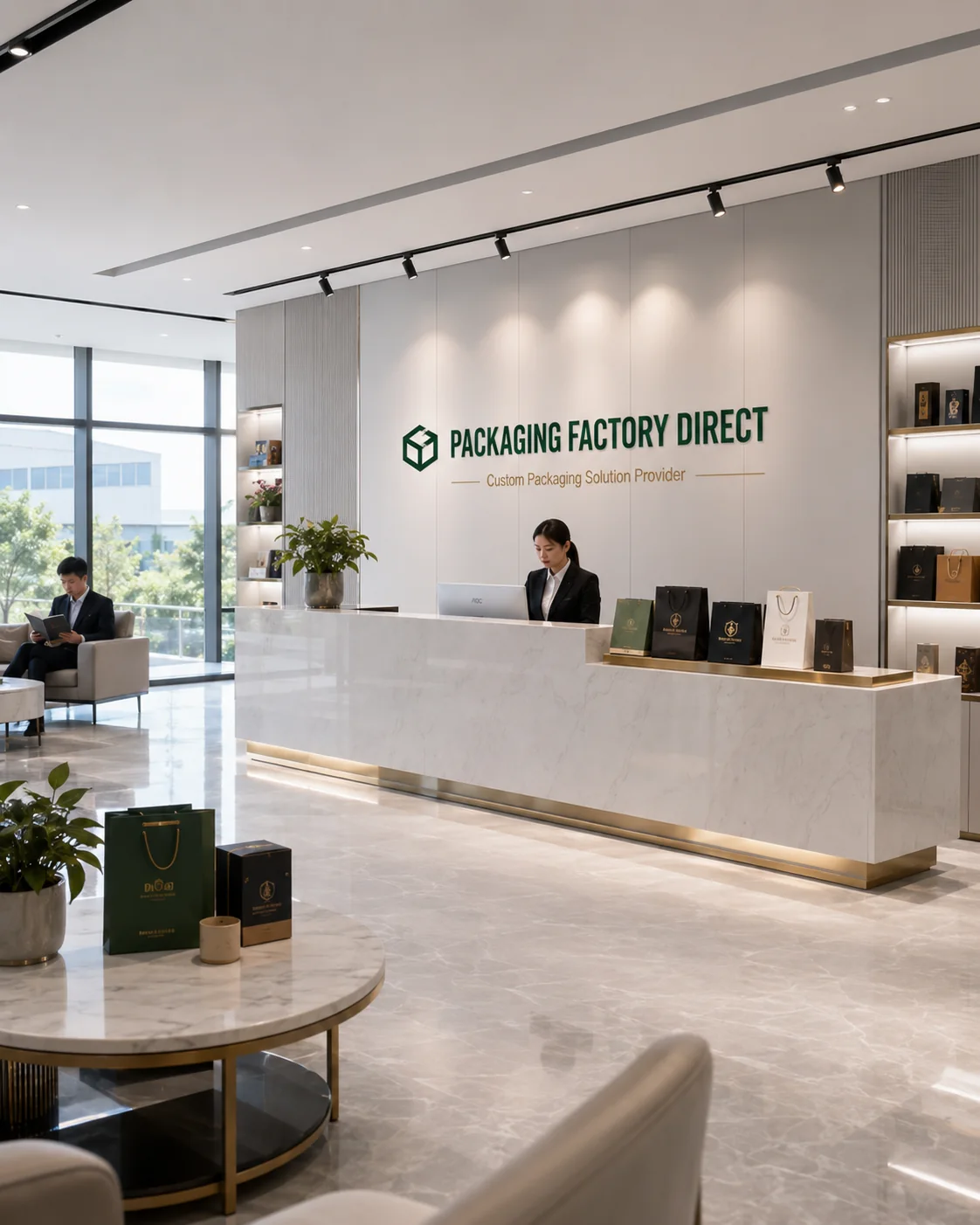 Company reception lobby with packaging samples and brand signage