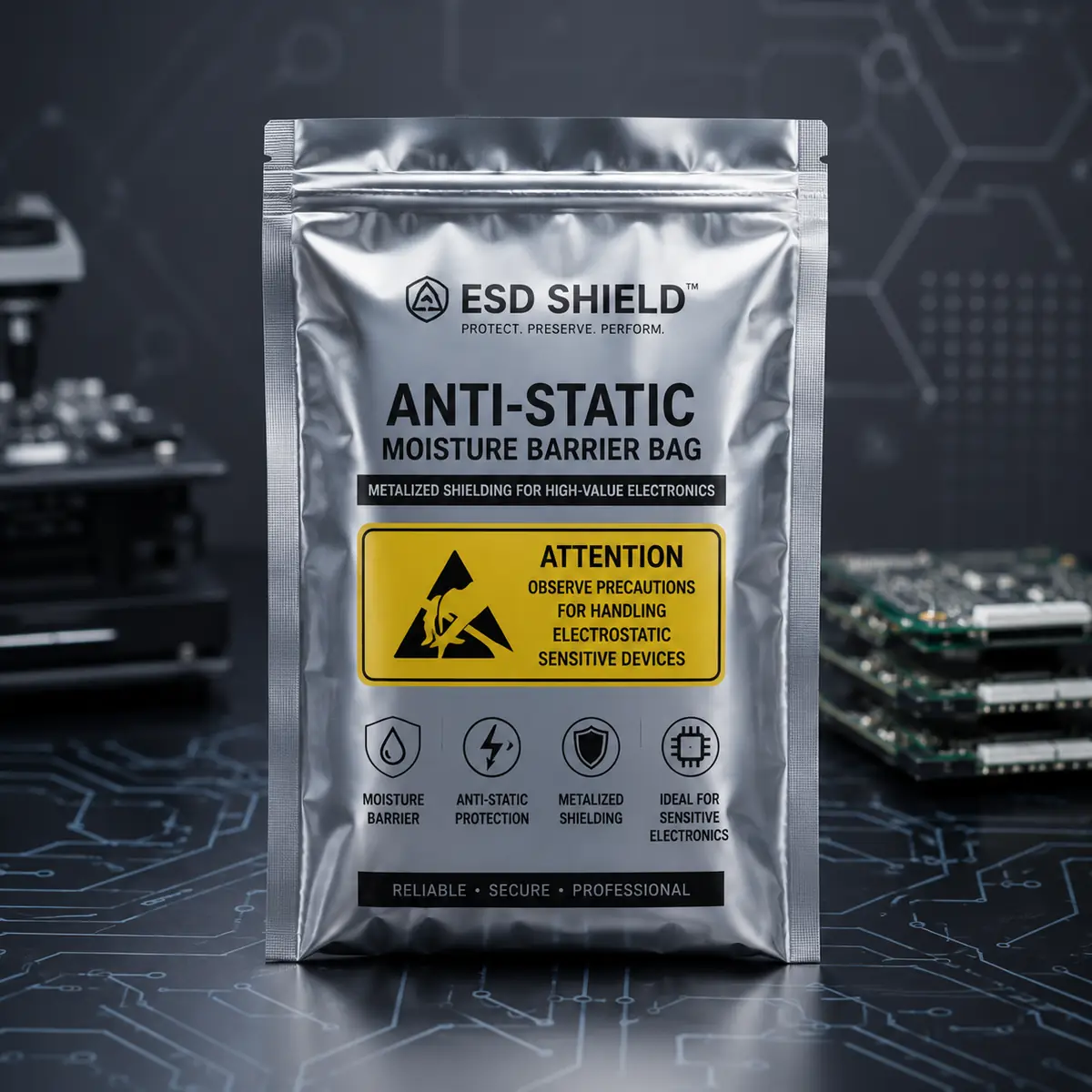 Anti-Static ESD Moisture Barrier Bag with Metalized Shielding for High-Value Electronics