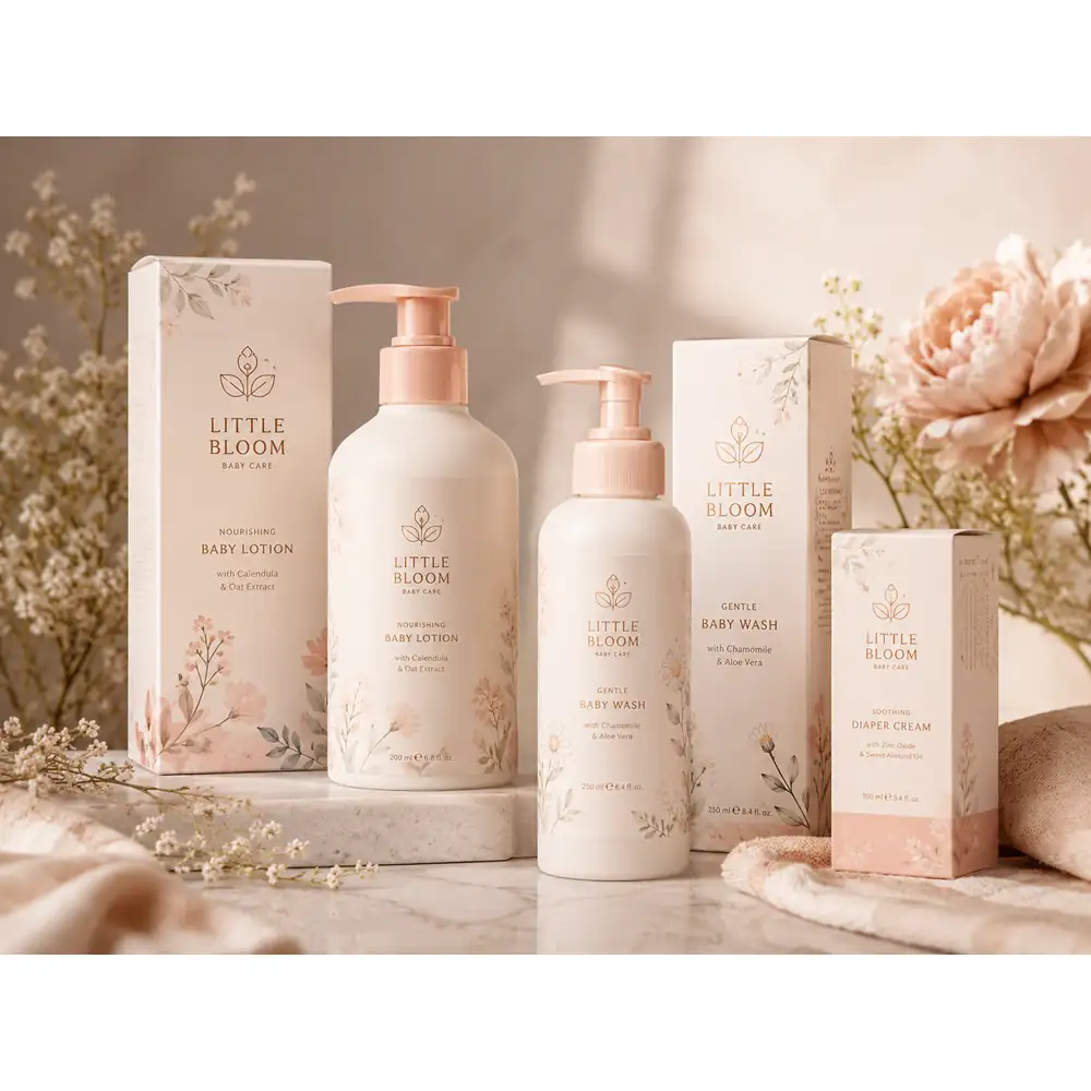 Baby Care Product Boxes and Bottle Labels with Soft Floral Printing