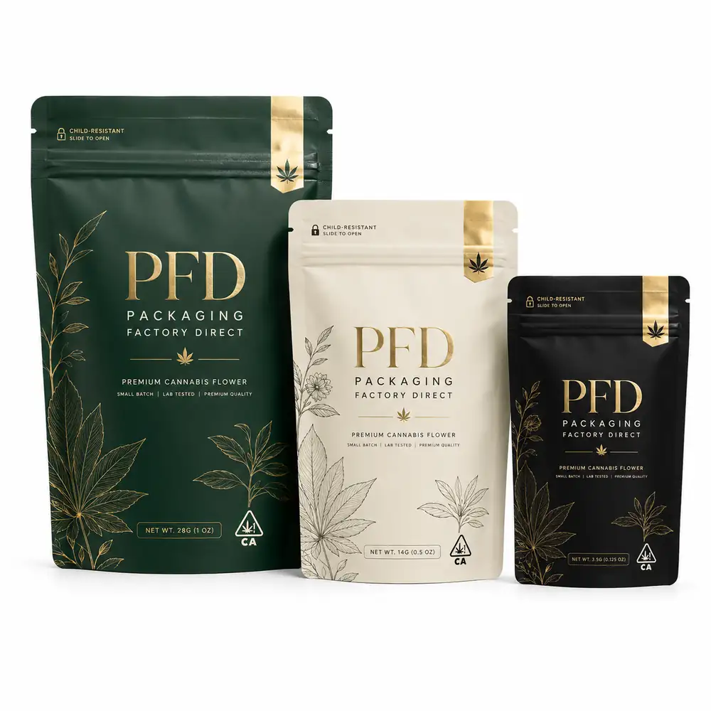Botanical Child-Resistant Cannabis Mylar Bags with Gold Foil Look Printing