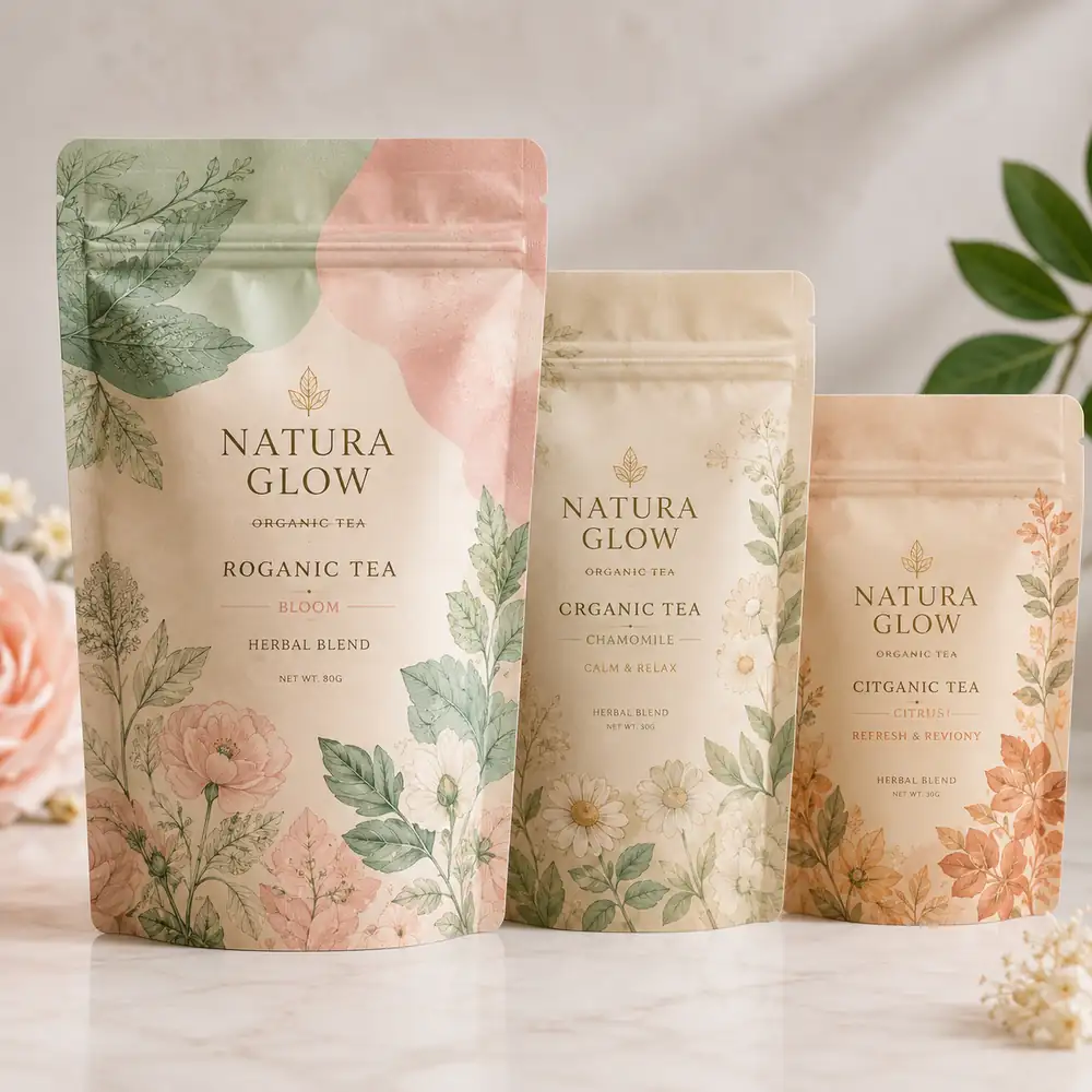 Botanical Stand Up Tea Pouches with Zipper and Matte Custom Printing