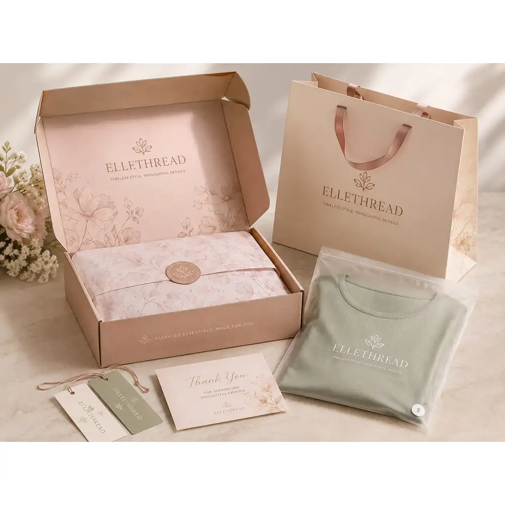 Boutique Apparel Packaging Sets with Mailer Box, Paper Bag and Frosted Zipper Bag