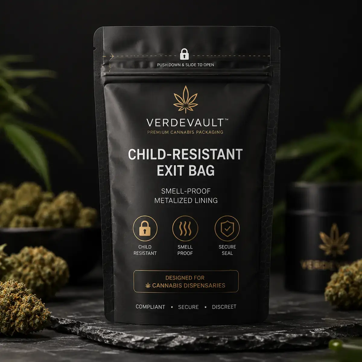 Child-Resistant Exit Bag with Smell-Proof Zipper and Metalized Lining for Cannabis Dispensaries