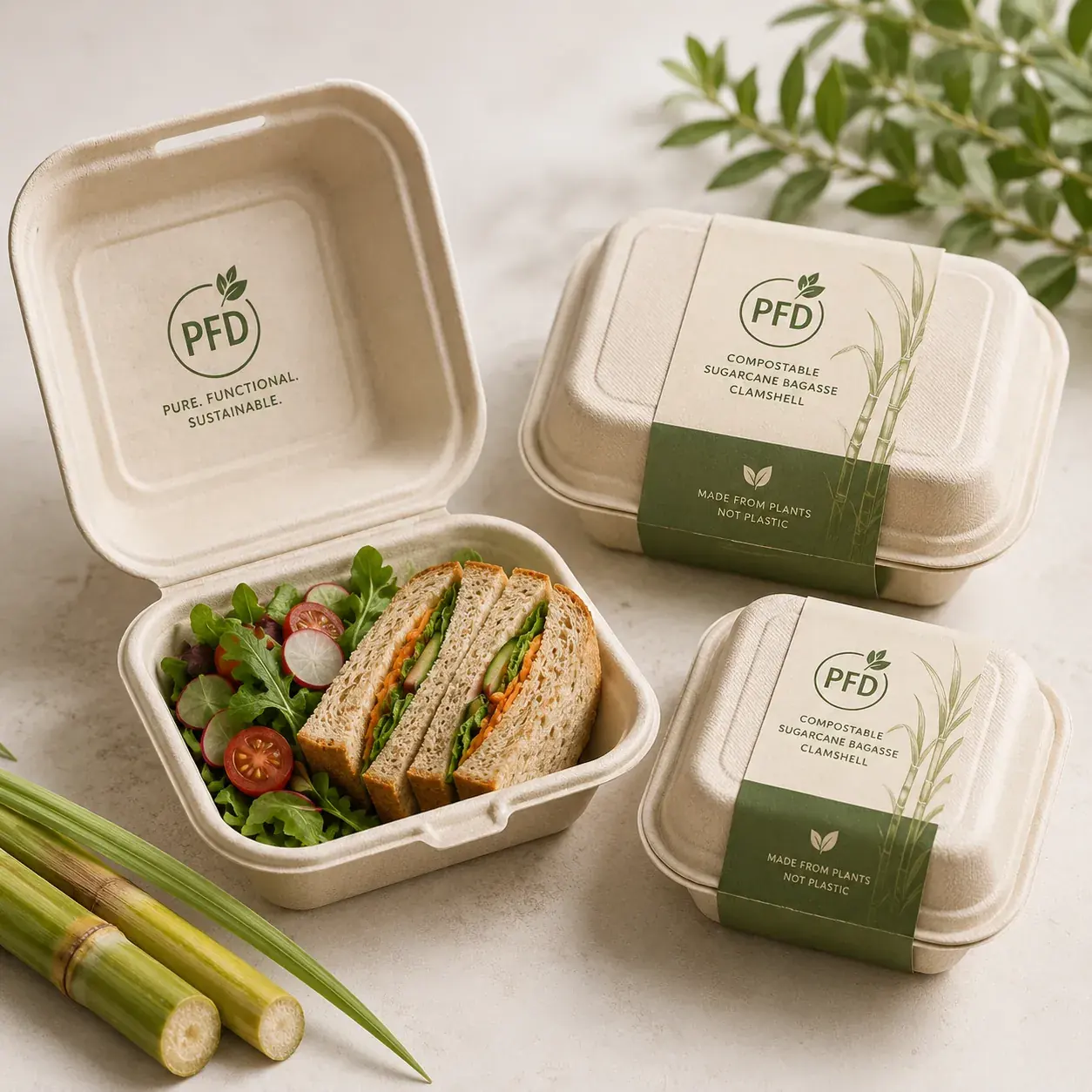 Compostable Sugarcane Bagasse Clamshells | Biodegradable Disposable Food Boxes Bulk main image