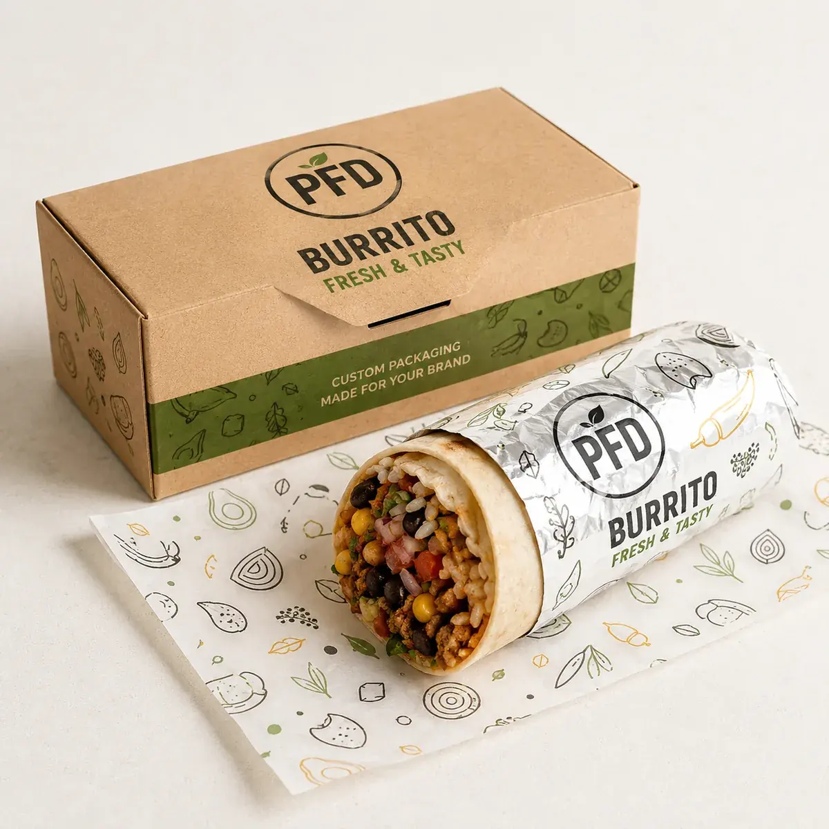 Custom Burrito Packaging Wholesale | Printed Foil Paper Burrito Wraps & Disposable Cardboard Takeaway Boxes main image