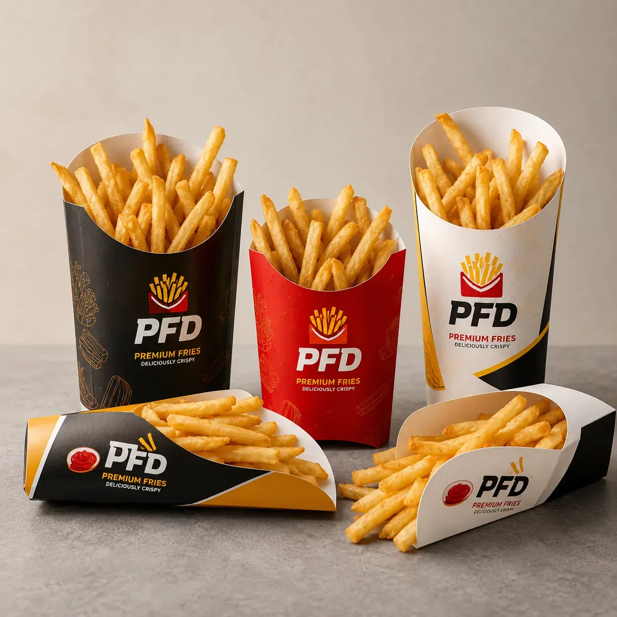 Custom French Fries Boxes Bulk | Printed Disposable Paper Scoop Cups & Holders for Fast Food Restaurant main image