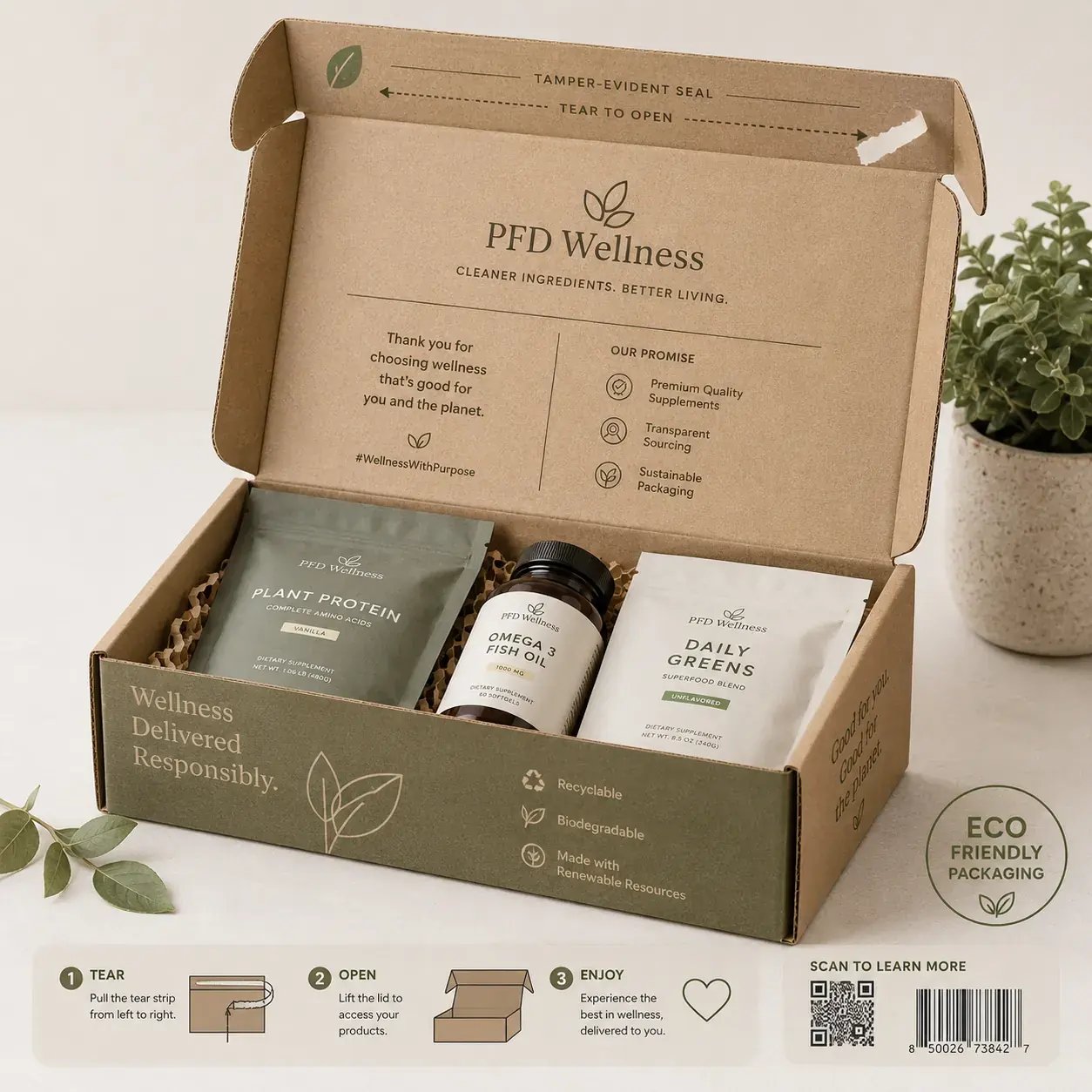 Eco-Friendly Tamper-Evident Mailer Box with Self-Sealing Tear Strip for Supplement E-Commerce
