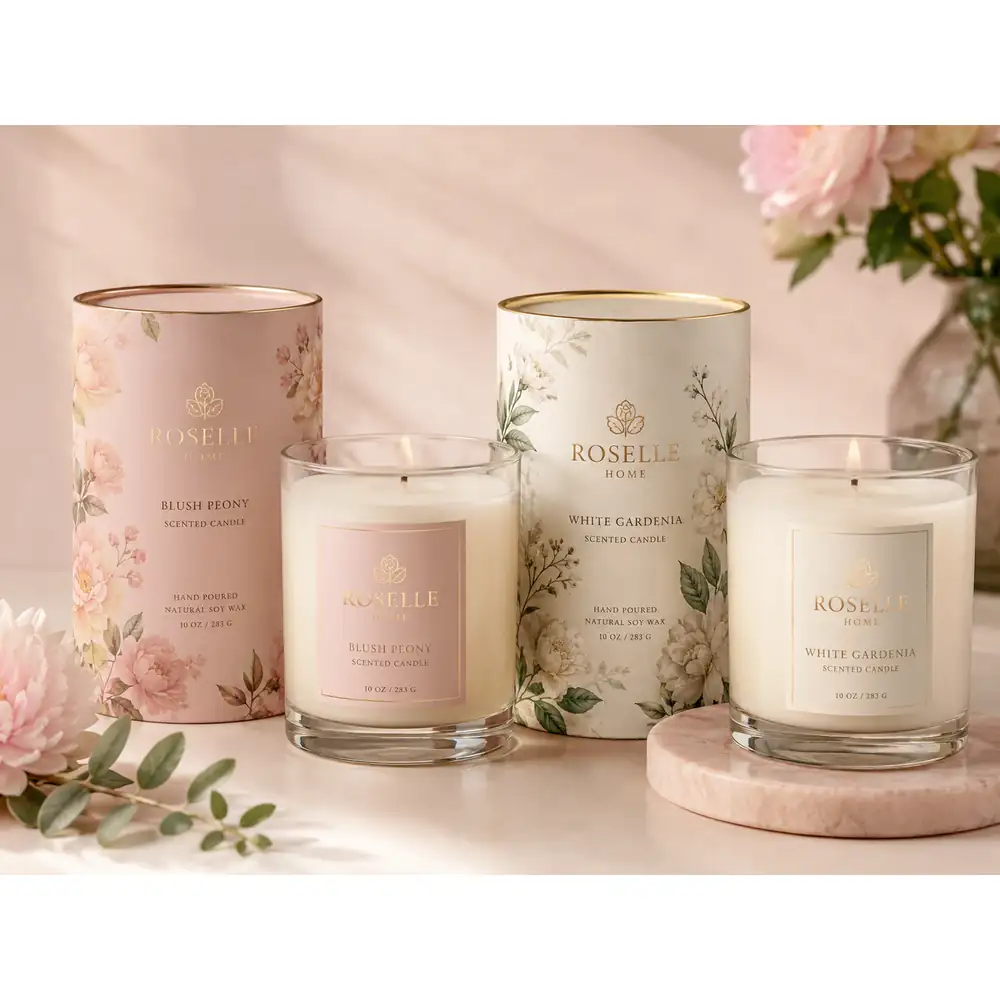 Floral Scented Candle Tube Boxes with Matching Jar Labels