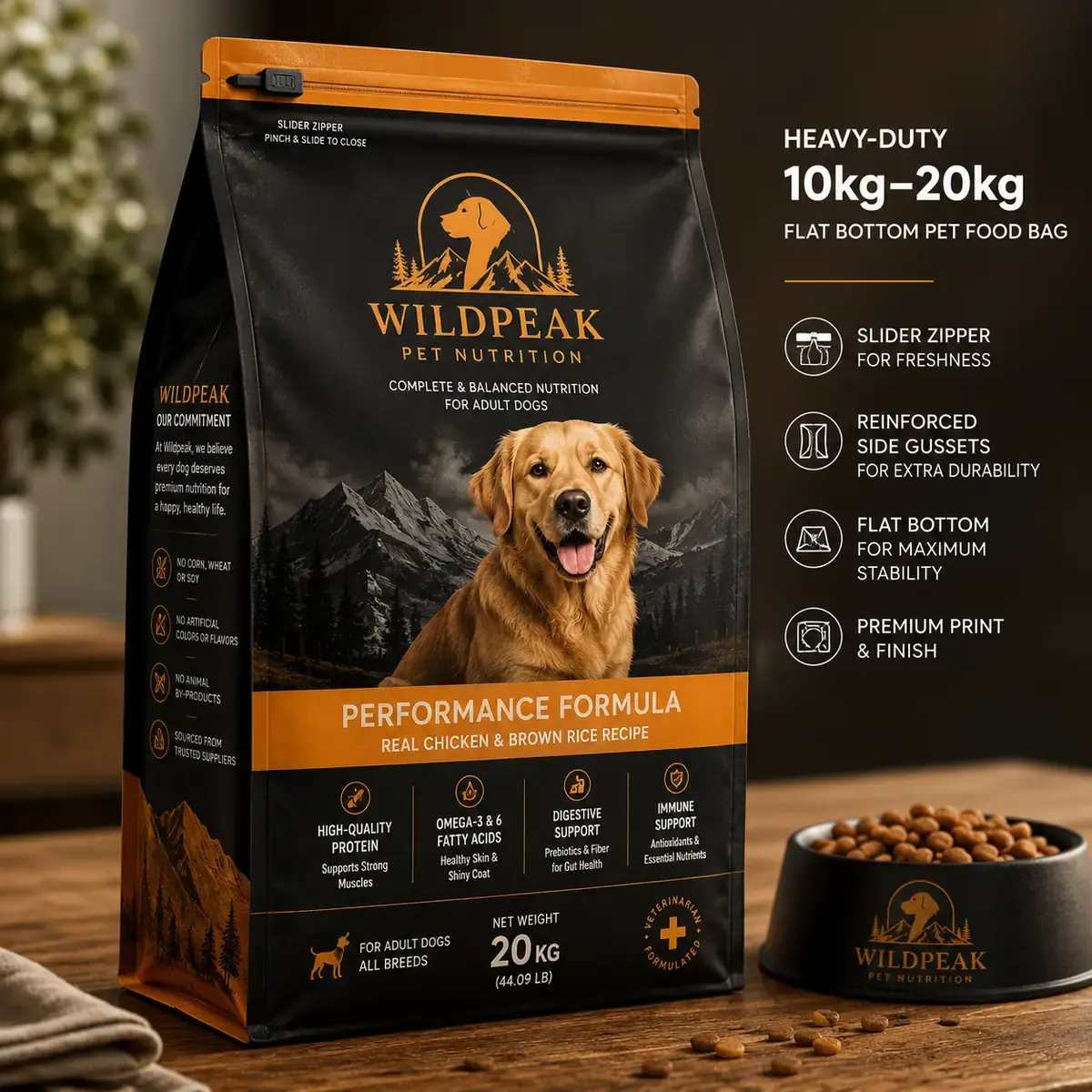 Heavy-Duty 10kg-20kg Flat Bottom Pet Food Bag with Slider Zipper and Reinforced Side Gussets
