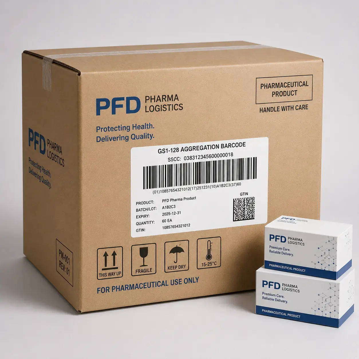 Heavy-Duty Corrugated Case with GS1-128 Aggregation Barcode for Pharmaceutical Storage