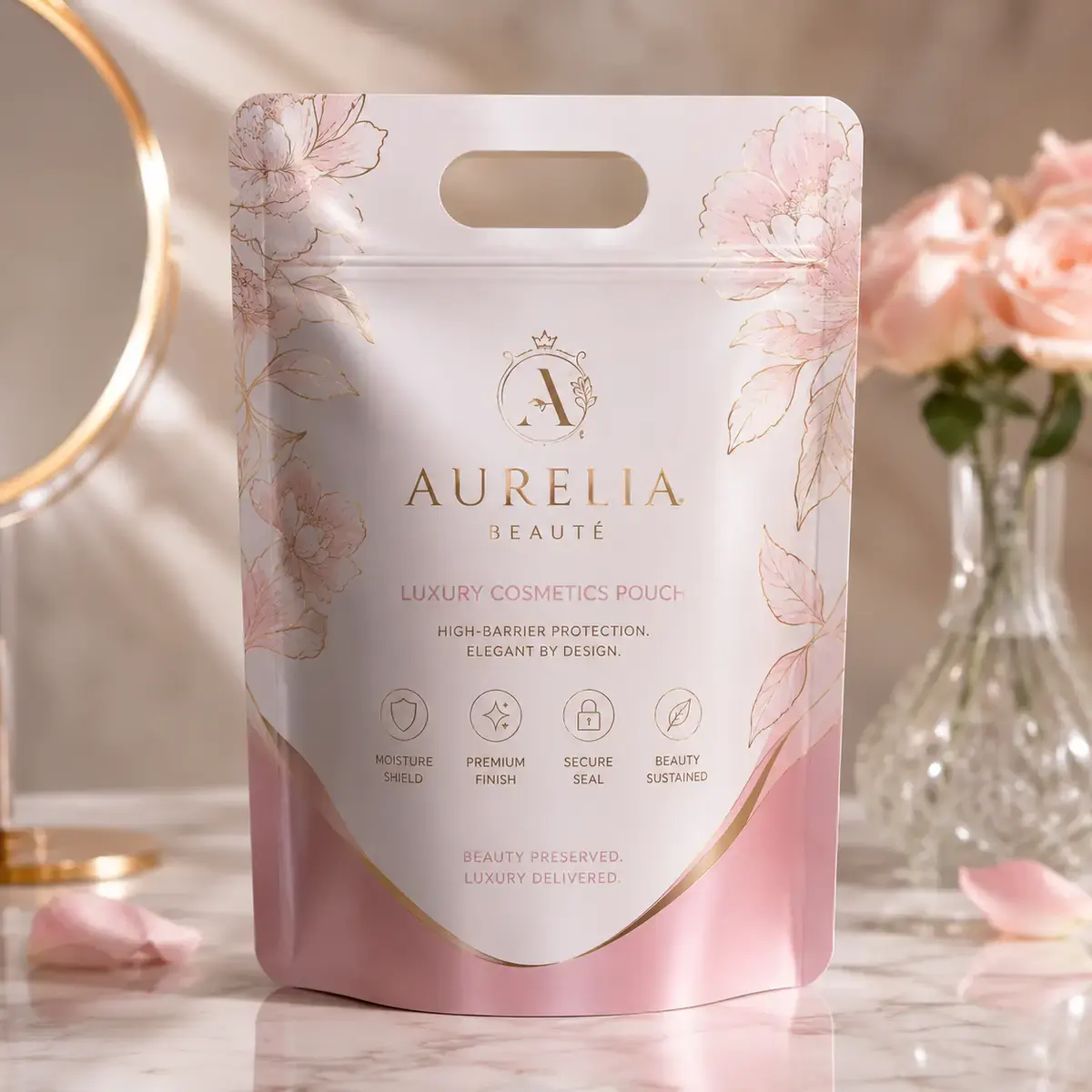 High-Barrier Shaped Stand-Up Pouch with Ergonomic Die-Cut Handle for Luxury Cosmetics