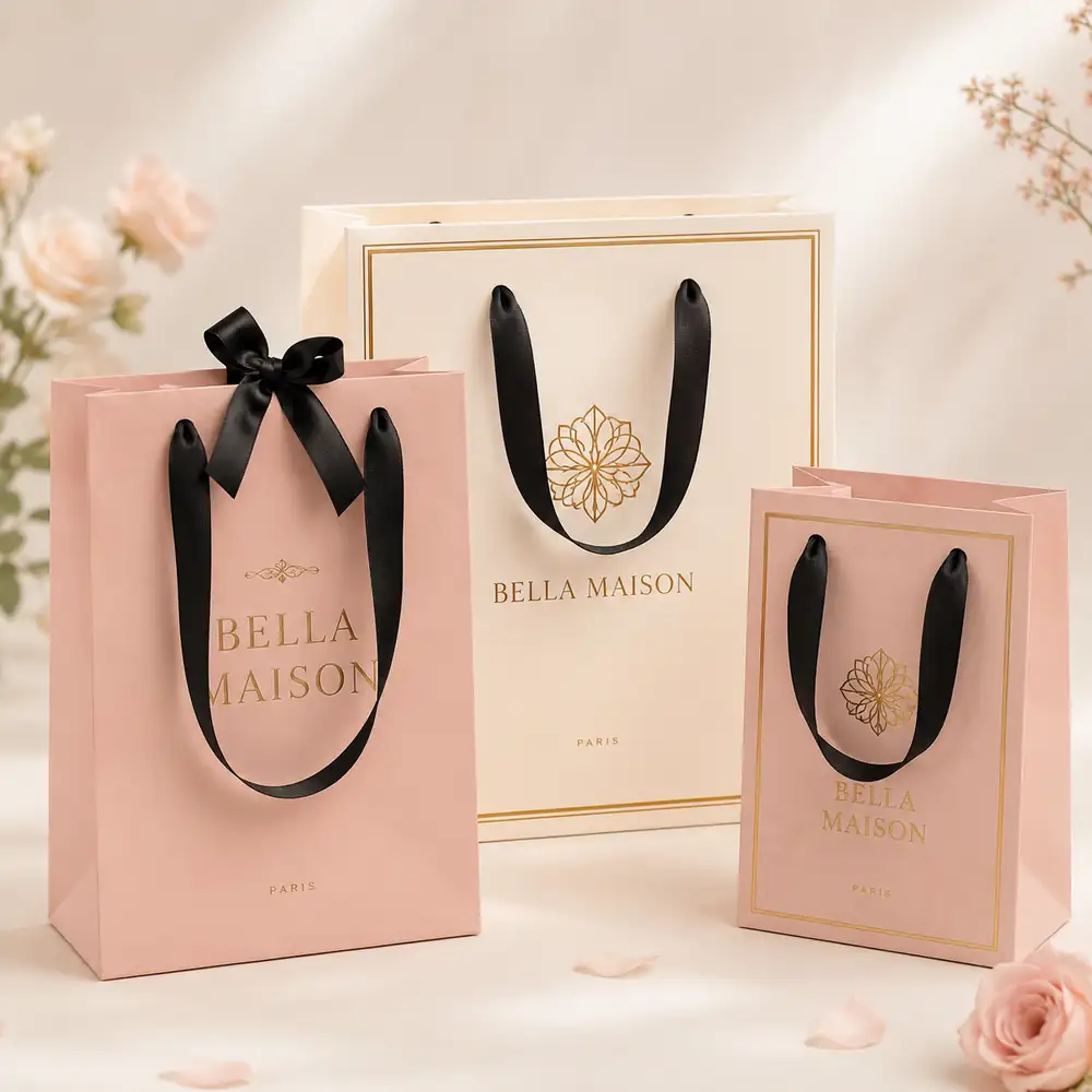 Luxury Boutique Paper Shopping Bags with Rope Handles and Gold Logo