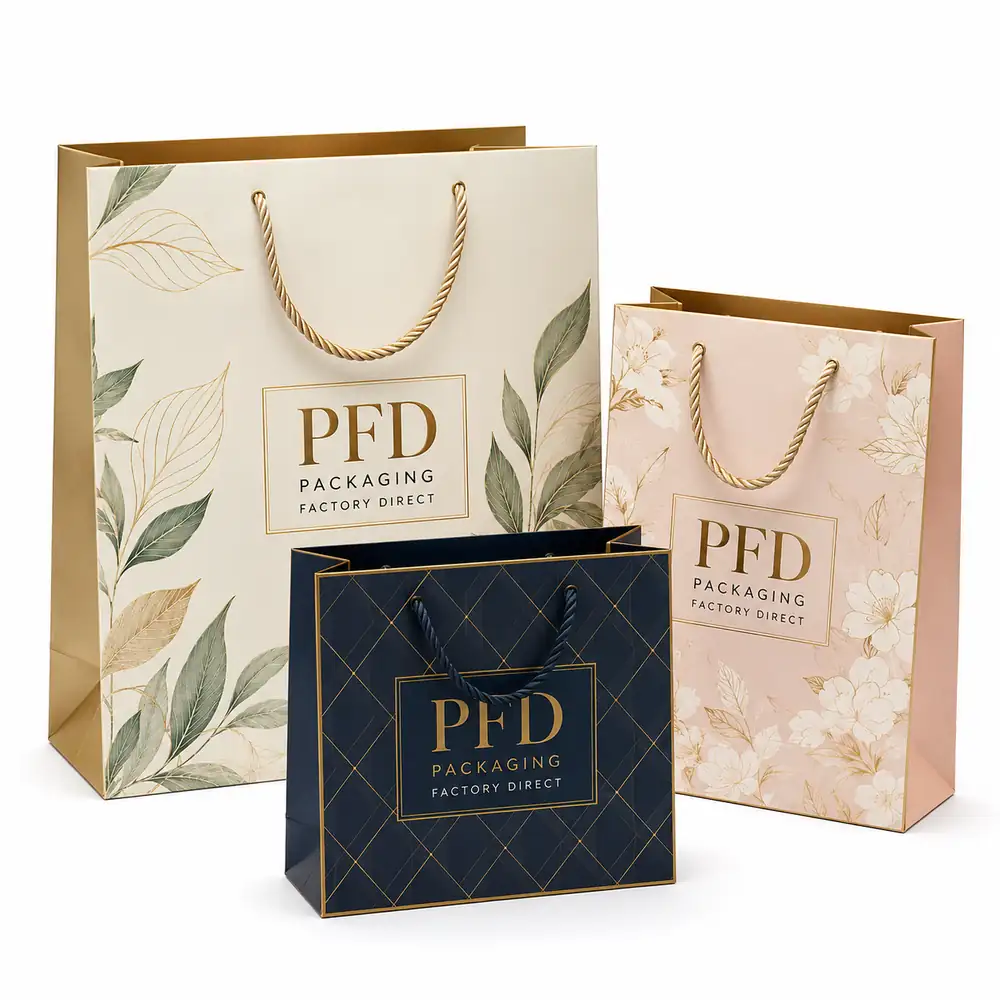 Luxury Floral Paper Shopping Bags with Rope Handles and Gold Logo Printing