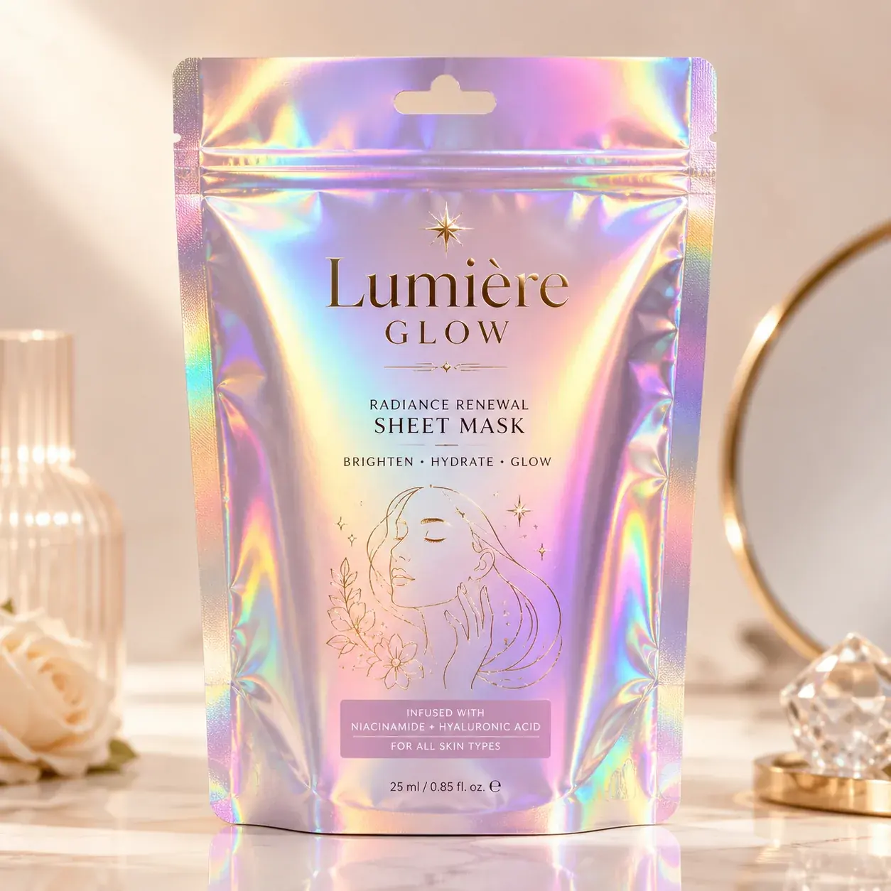 Metallic Holographic Stand-Up Pouch with Hang Hole for Cosmetics and Beauty Mask Packaging main image