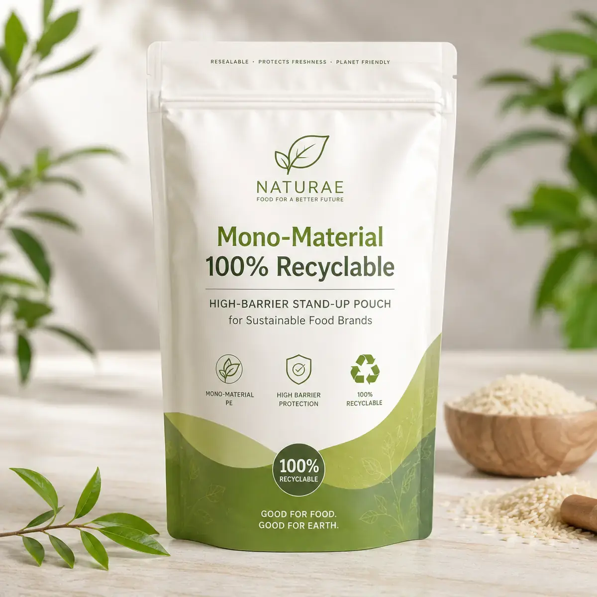 Mono-Material 100% Recyclable High-Barrier Stand-Up Pouch for Sustainable Food Brands