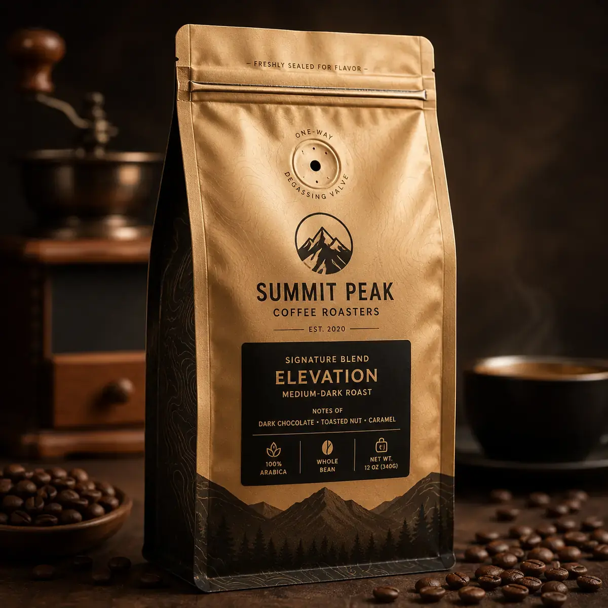 One-Way Degassing Valve Aluminum Foil Flat Bottom Bag with Tin-Tie for Gourmet Coffee Beans