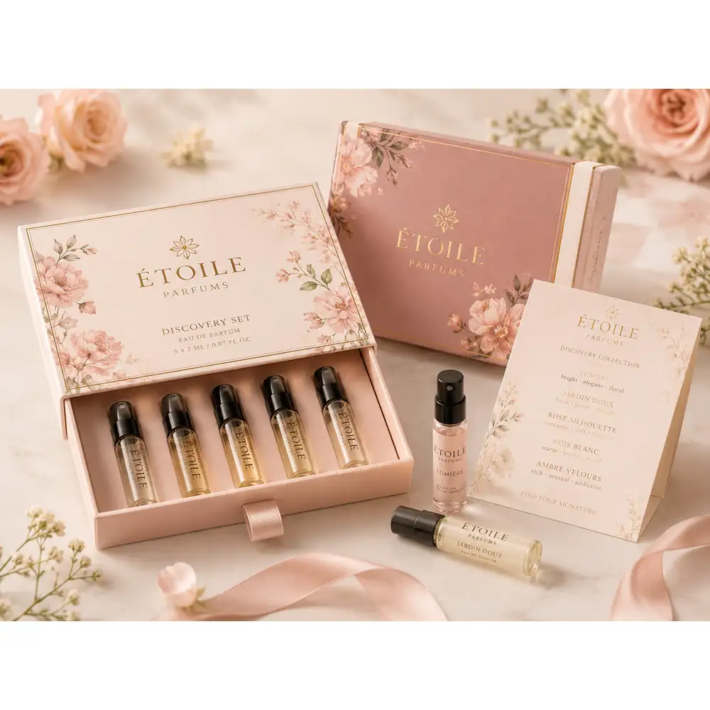 Perfume Discovery Set Boxes with Sample Vial Tray and Printed Scent Card