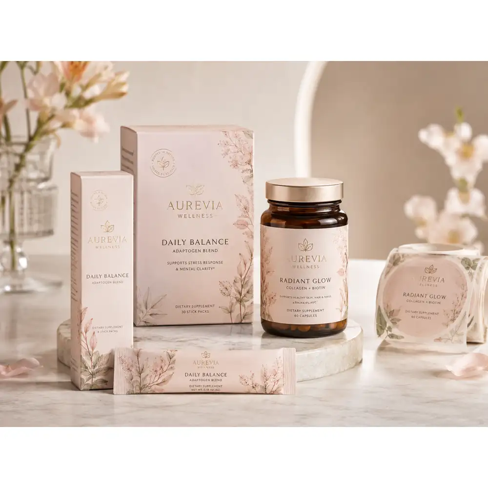 Premium Wellness Supplement Cartons with Sachet Sticks and Bottle Labels