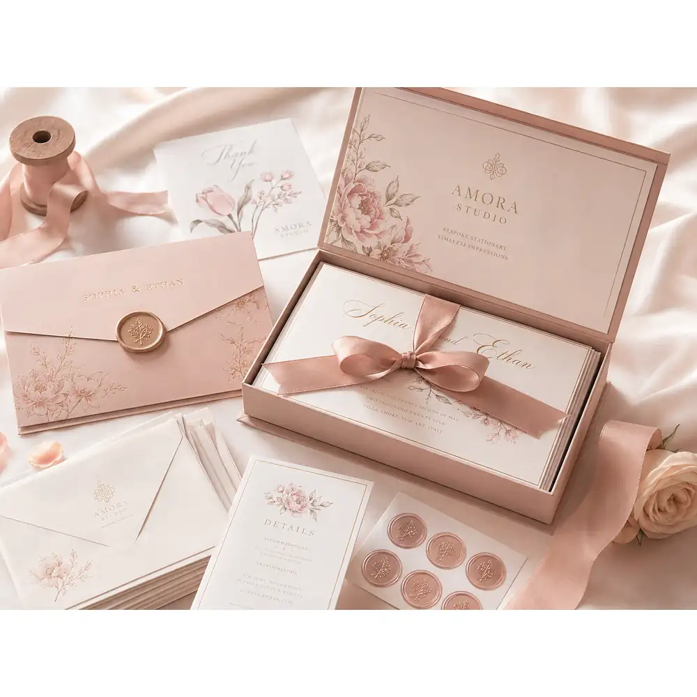 Wedding Invitation Keepsake Boxes with Wax Seal Envelopes and Ribbon