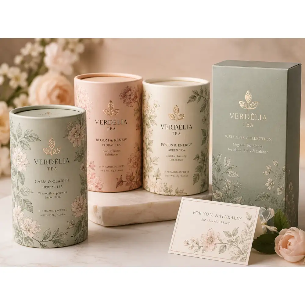 Wellness Tea Paper Tube Packaging with Botanical Artwork and Gift Card